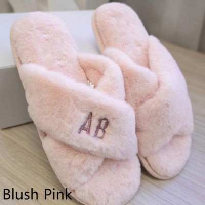Personalised Short Faux Fur Embroidered Fluffy Slippers 