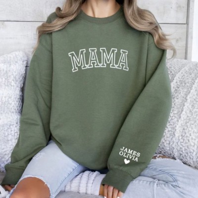 Personalized Mama Sweatshirt with Kid Names on Sleeve Mothers Day Gift