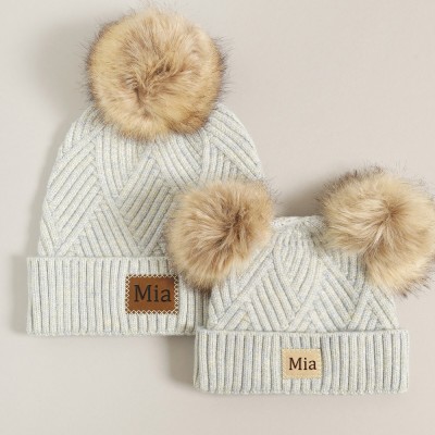 Custom Mommy and Me Matching Pom Pom Beanie Baby Beanie Hat Faux Fur 