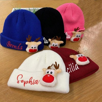 Christmas Reindeer Kids Beanie Personalized Name On Christmas Beanie Hat