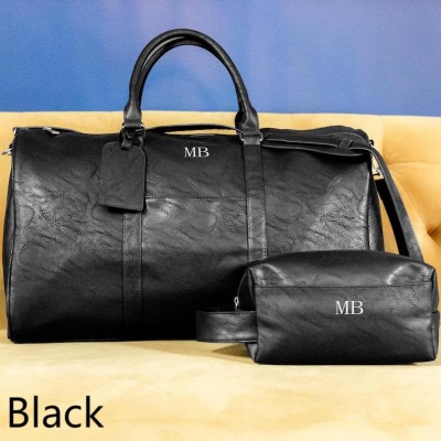 Personalised Embroidery Brown Leather Travel Gift Set Duffle Bag and Dopp