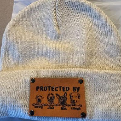 Custom Dog Pet Portrait Protected By Baby Toddler Beanie with Vegan Leather Patch for Boy Girl